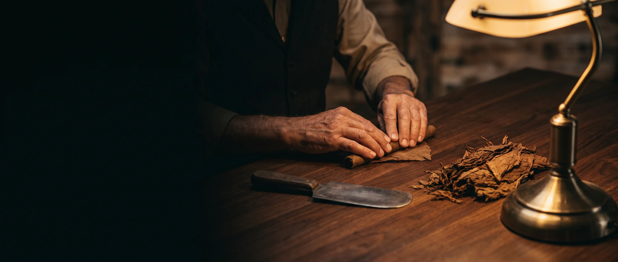 A cigar roller's hands rolling a cigar on a walnut table beside tobacco leaf, a brass lamp glowing