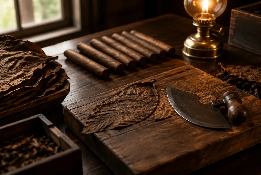A traditional cigar rolling station: tobacco leaves, a curved roller's knife and freshly rolled cigars on a worn walnut board beside a brass lamp