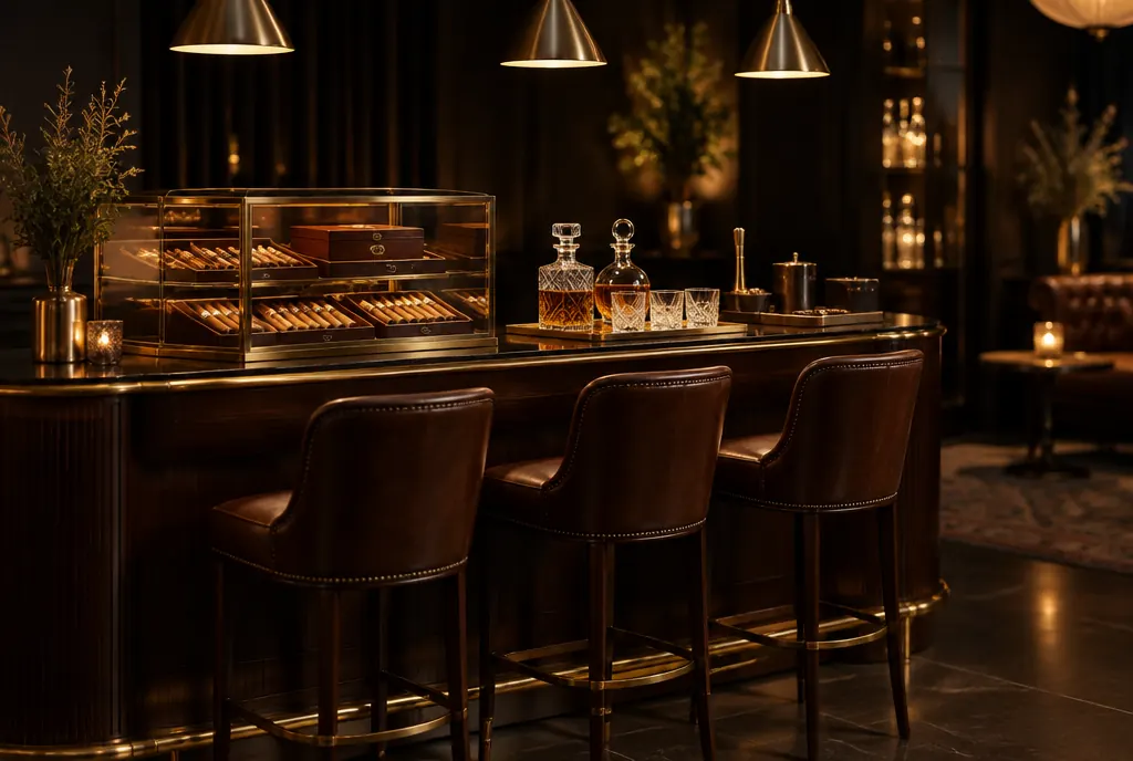 A walnut and brass cigar bar with a glass humidor display, crystal decanters and leather stools in warm evening light