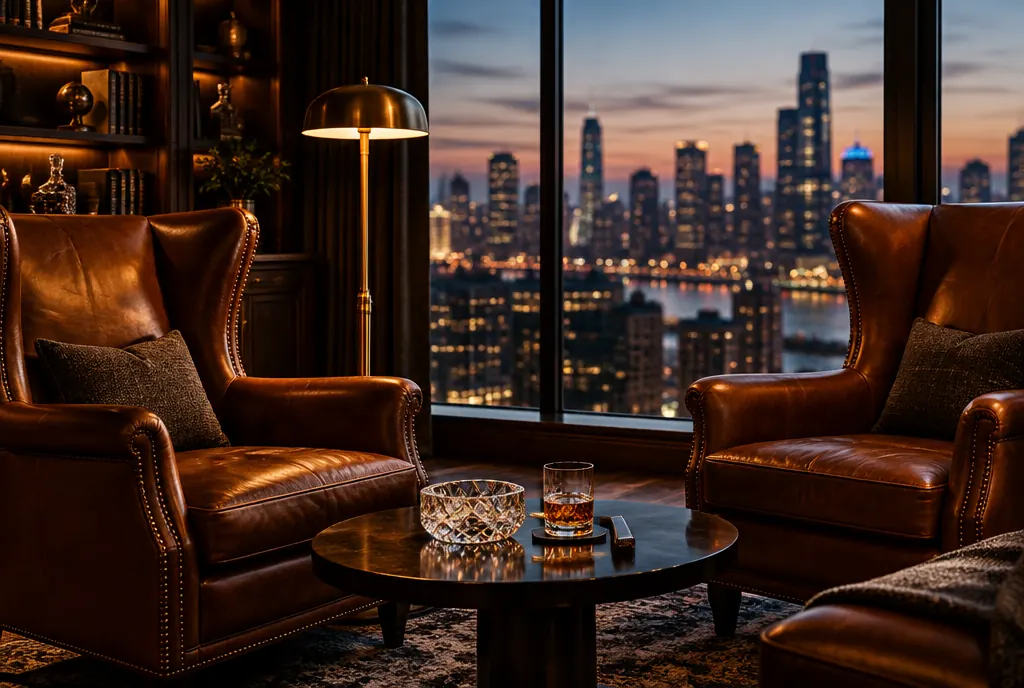 An executive cigar lounge corner with cognac leather armchairs, a brass floor lamp and a window over the city at dusk