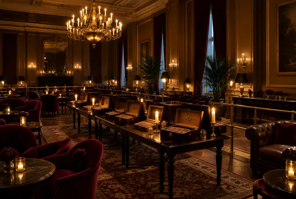 A grand cigar lounge hall with a brass chandelier, long tables of open humidors and velvet seating by candlelight