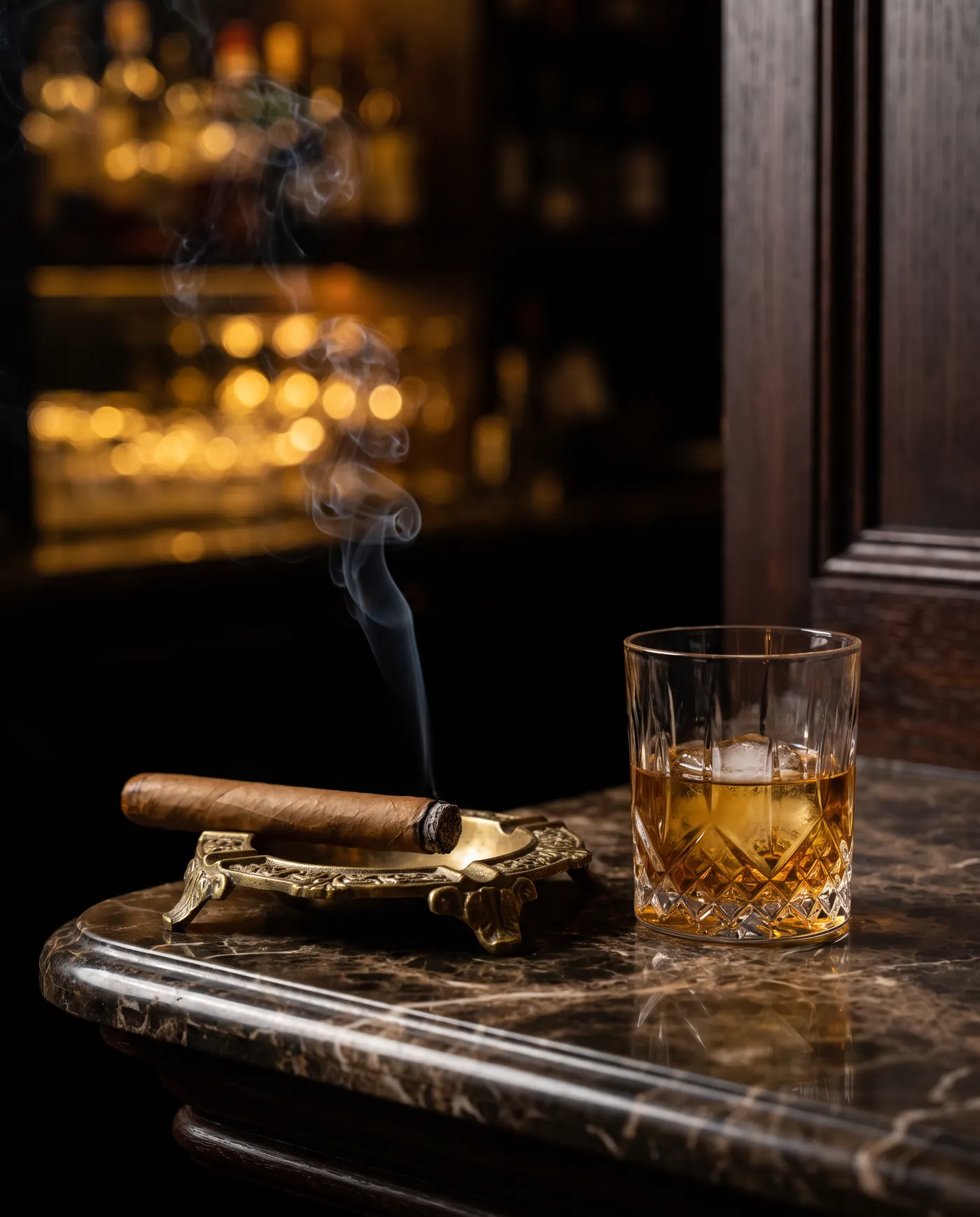 A lit cigar resting in a brass ashtray beside a glass of whiskey on a marble bar